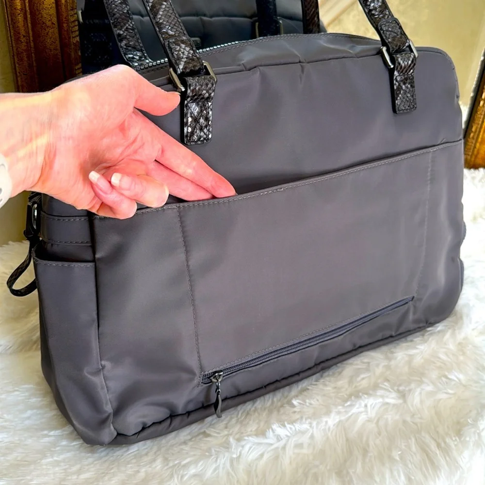 New Baggallini Fifth Avenue Weekender Bag. Gray w/snakeskin look handles & trim